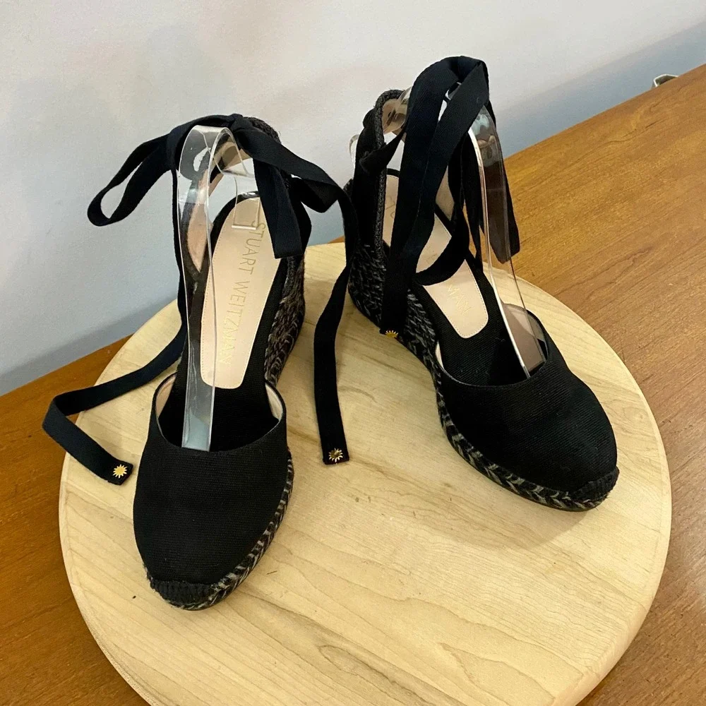 Stuart Weitzman Marguerita Espadrille Wedge Sandals Black Ankle Tie Wrap Sz 8.5C